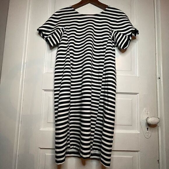 J. Crew Black & White Striped Short Sleeve Dress w/ Exposed Zipper - Picture 2 of 12